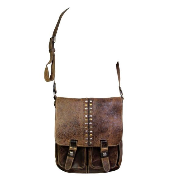 ROOMY Patricia Nash BROWN GENUINE LEATHER FLAP X-BODY SHOULDER BAG HANDBAG PURSE - Picture 1 of 16